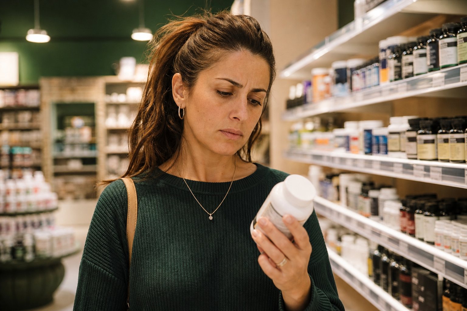 Persona leyendo etiquetas de suplementos en un estante