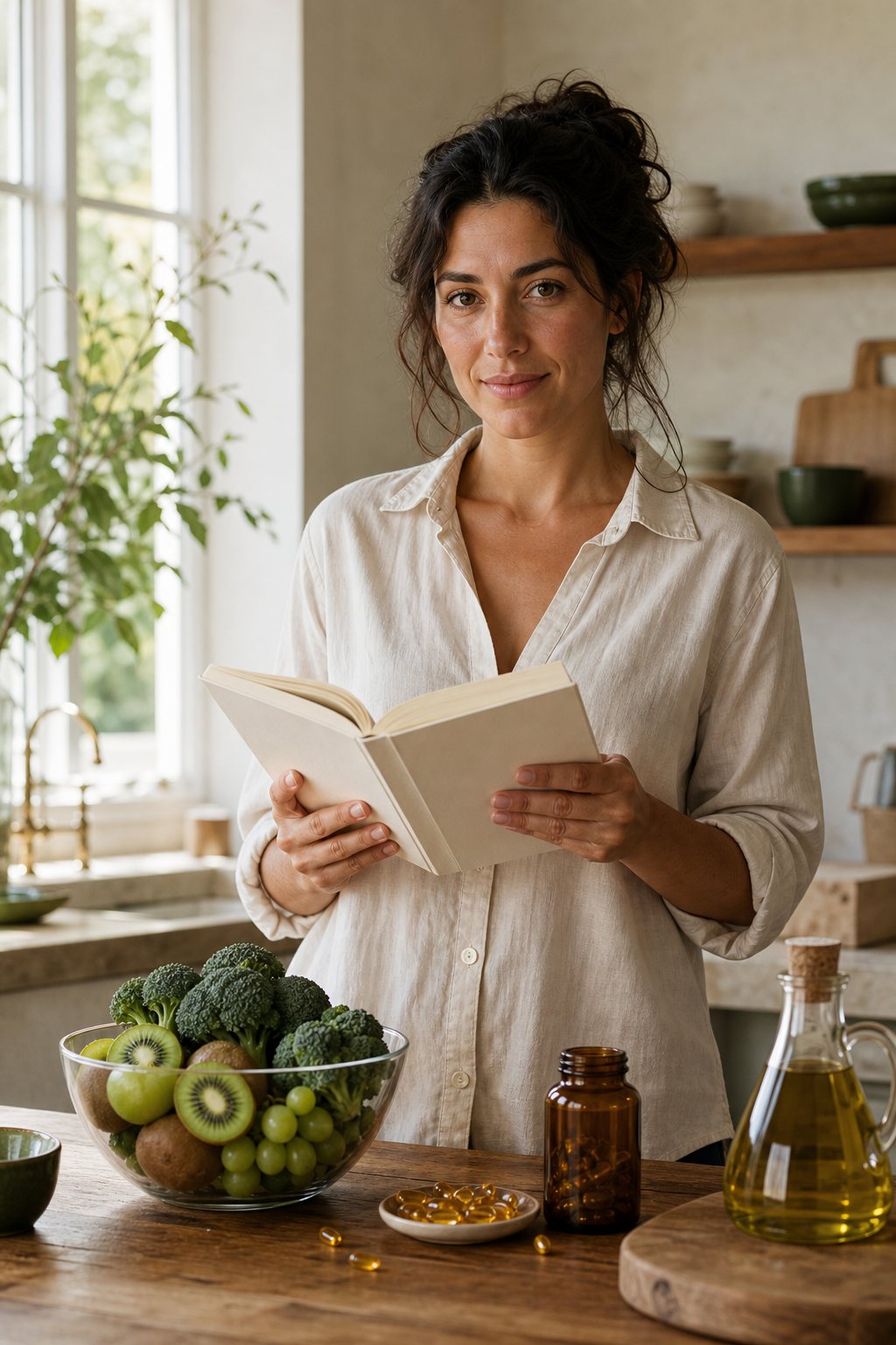 Persona con una guía y alimentos frescos sobre la mesa