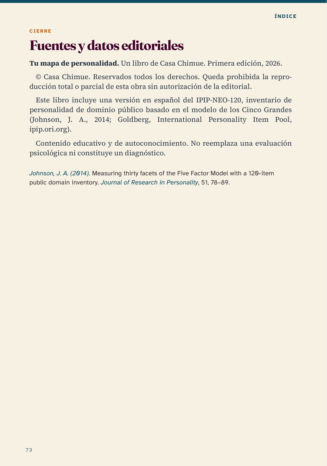 Fuentes y datos editoriales: IPIP-NEO-120 y aviso de que el libro no diagnostica
