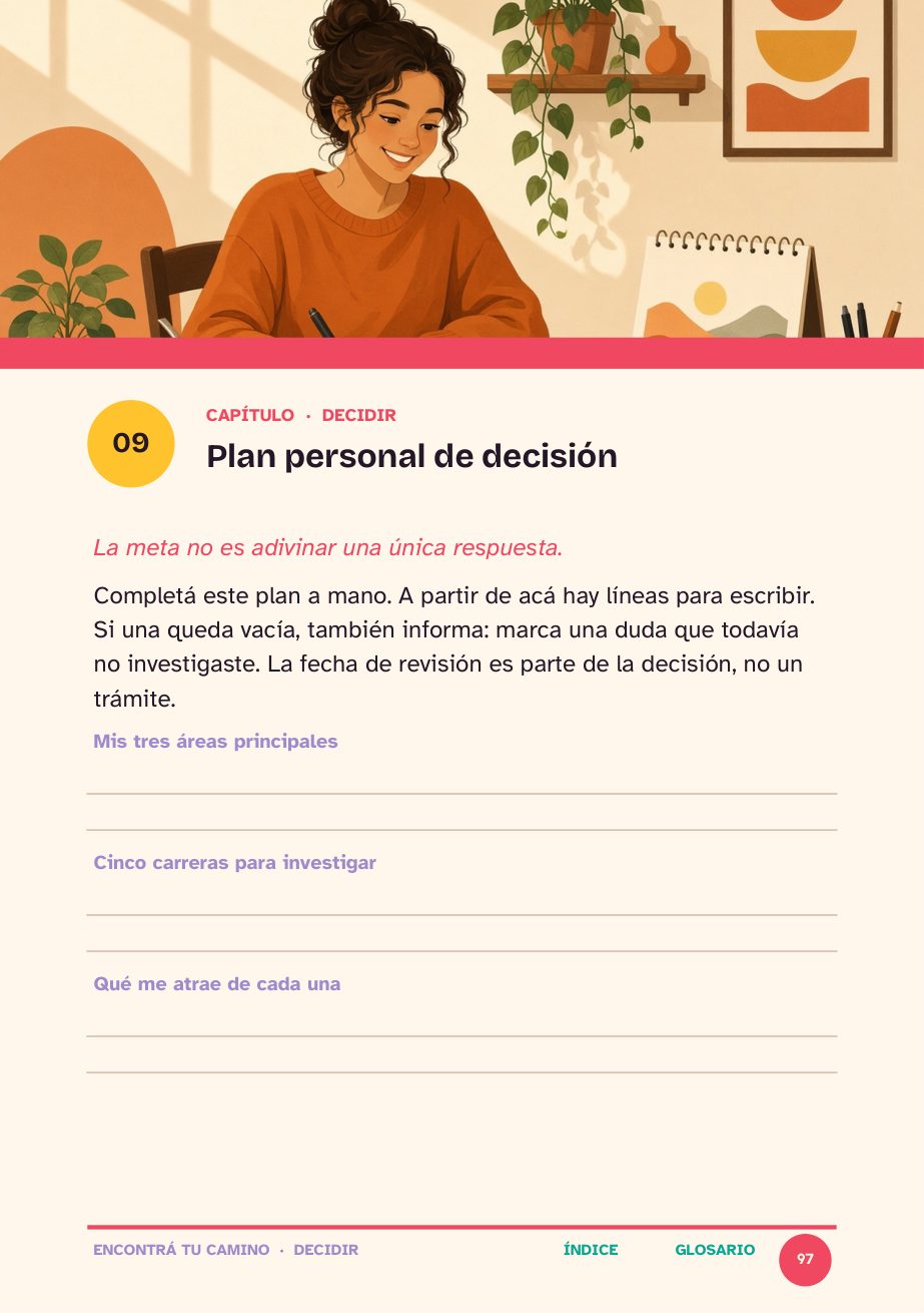 Plan personal de decisión, con líneas para escribir a mano